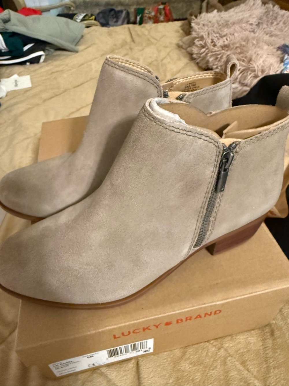 Lucky Brand Taupe Suede Low Heel Ankle Booties